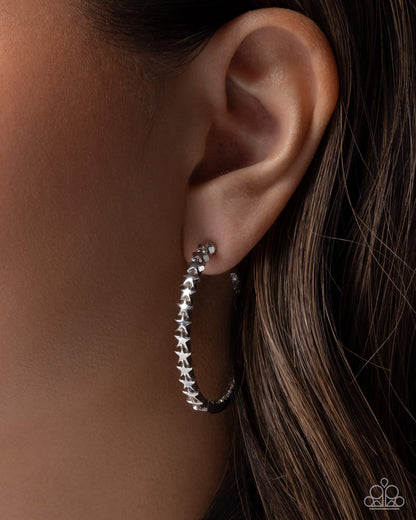 Patriotic Passage - Silver Star, White Rhinestone, Hoop Earrings - Paparazzi Accessories