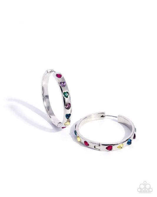 Glistening Grandeur - Multi Rhinestone, Silver Hoop Earrings - Paparazzi Accessories