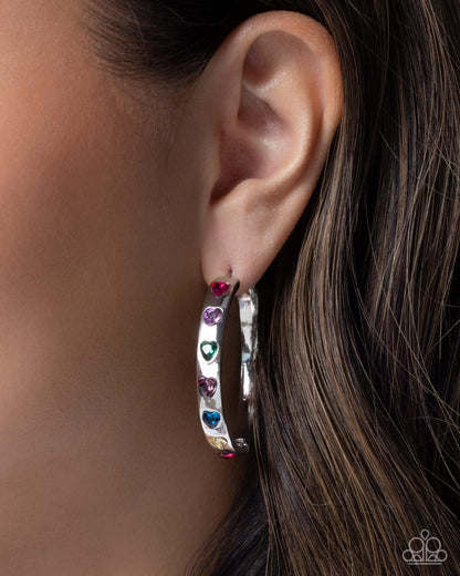 Glistening Grandeur - Multi Rhinestone, Silver Hoop Earrings - Paparazzi Accessories