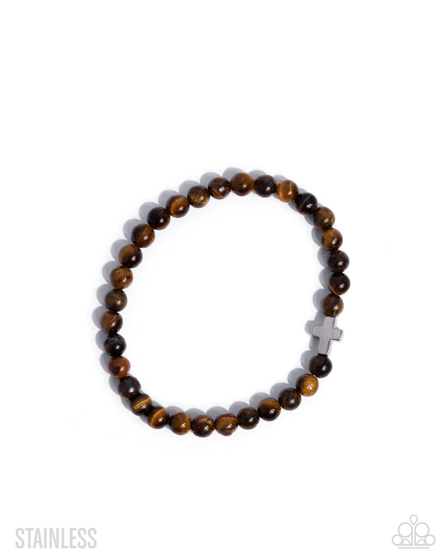 Committed Christian - Brown Tigers Eye Stone Bead and Silver Cross Urban Bracelet - Paparazzi Accessories