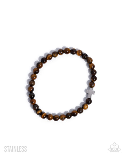 Committed Christian - Brown Tigers Eye Stone Bead and Silver Cross Urban Bracelet - Paparazzi Accessories