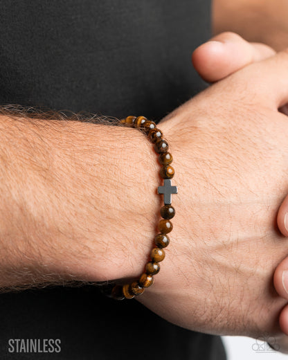 Committed Christian - Brown Tigers Eye Stone Bead and Silver Cross Urban Bracelet - Paparazzi Accessories