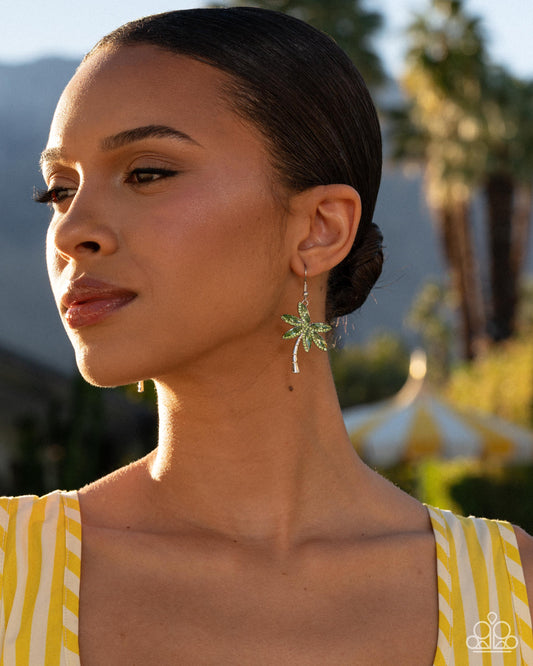 Palm Tree Party - Green Rhinestone, Silver Palm Tree Earrings - Paparazzi Accessories