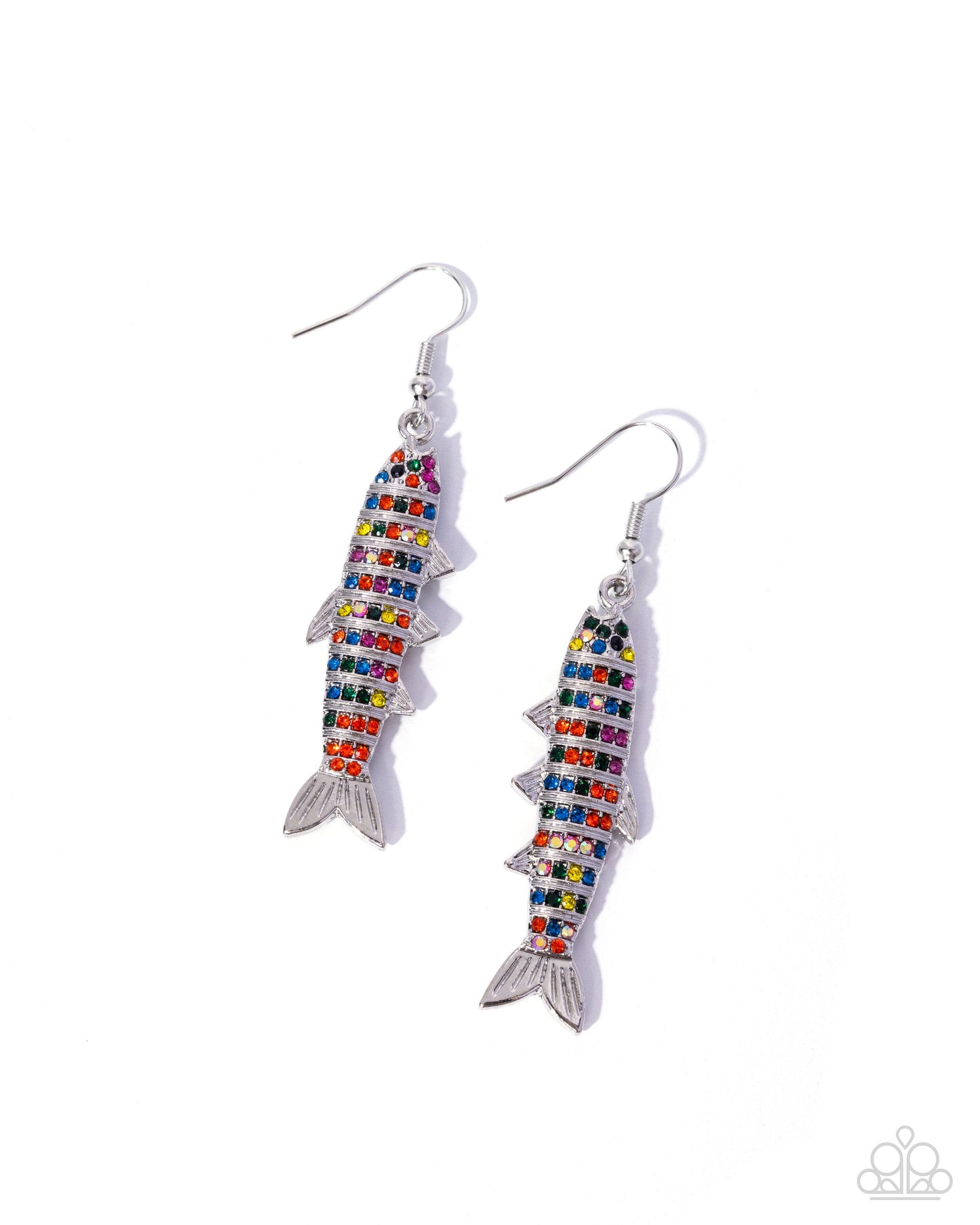 Sophisticated Sardine - Multi Color Rhinestone, Silver Sardine Earrings - Paparazzi Accessories