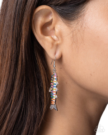 Sophisticated Sardine - Multi Color Rhinestone, Silver Sardine Earrings - Paparazzi Accessories