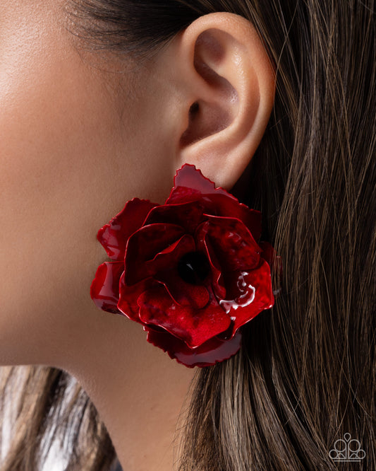 Baffling Blooms - Red Dipped Metal Flower Earrings - Paparazzi Accessories