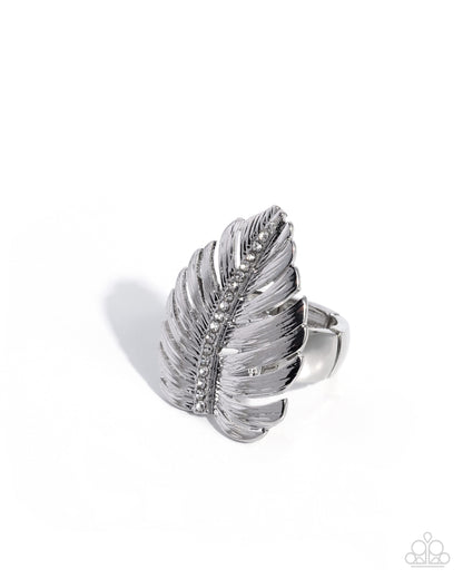 Lavish Leaf - White Rhinestone, Silver Leaf Ring - Paparazzi Accessories