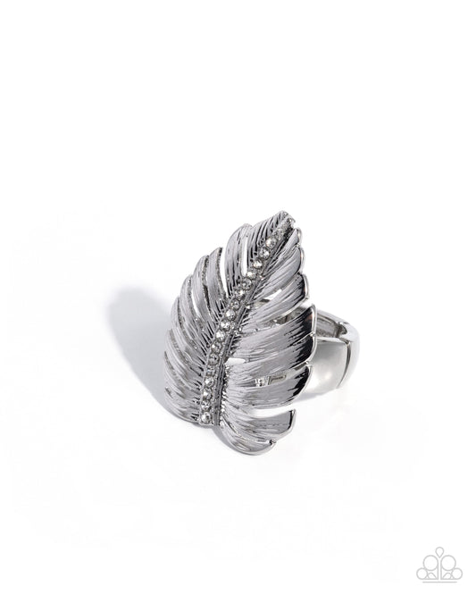 Lavish Leaf - White Rhinestone, Silver Leaf Ring - Paparazzi Accessories