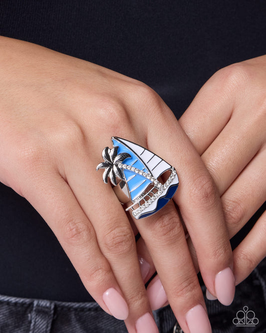 Sailboat Show - Blue Ship, Green Palm Tree Ring - Paparazzi Accessories