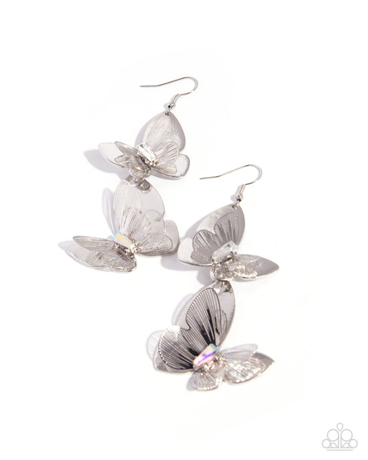Aerial Accuracy - White Rhinestone, Silver Butterfly Earrings - Paparazzi Accessories