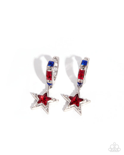 Patriotic Pizzazz - Red, White and Blue Rhinestone, Silver Star Hinge Hoop Earrings - Paparazzi Accessories