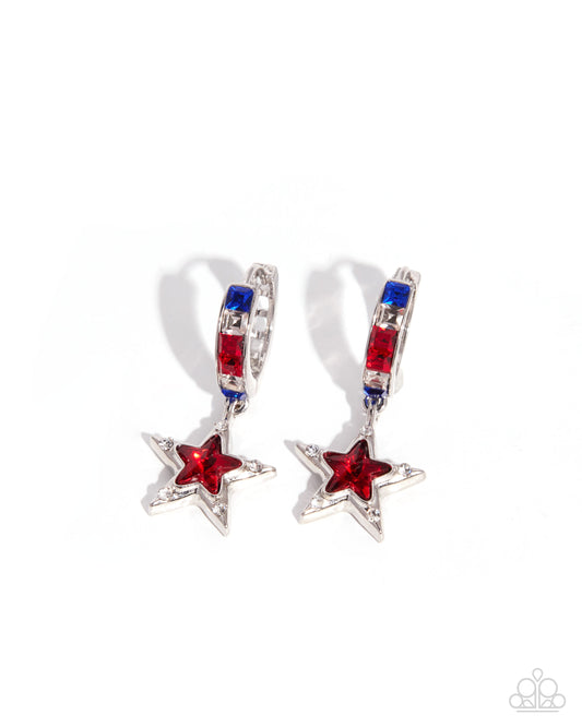 Patriotic Pizzazz - Red, White and Blue Rhinestone, Silver Star Hinge Hoop Earrings - Paparazzi Accessories