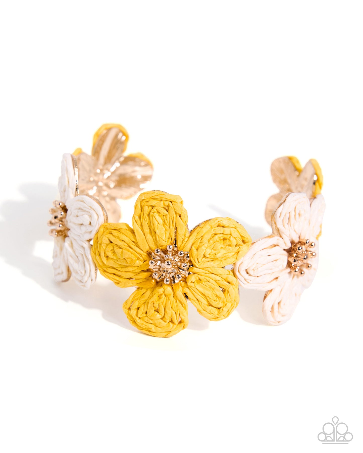 Rustic Raffia - Yellow, White and Tan Flower Cuff Bracelet - Paparazzi Accessories