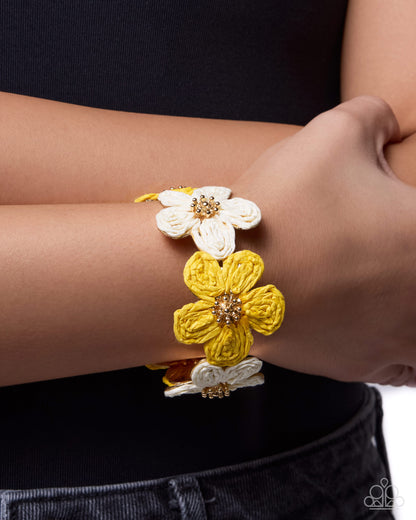 Rustic Raffia - Yellow, White and Tan Flower Cuff Bracelet - Paparazzi Accessories