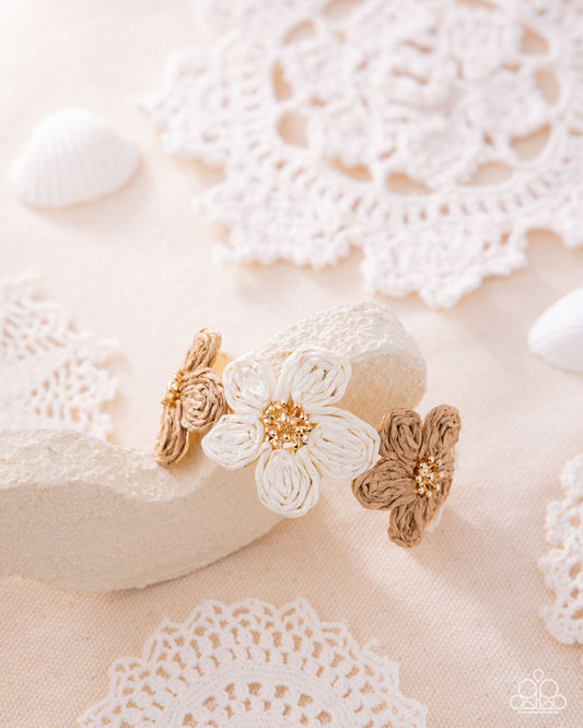 Rustic Raffia - Brown & White Flower, Gold Cuff Bracelet - Paparazzi Accessories