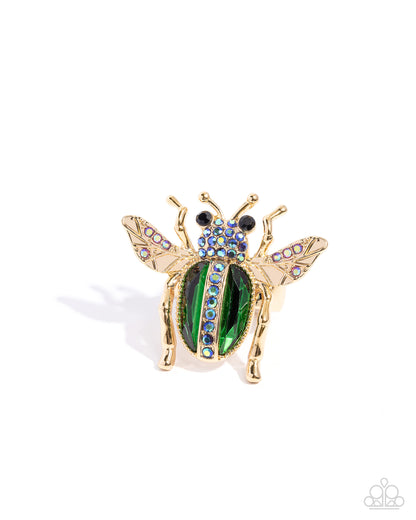 Beetle Ballad - Green, Black, and Blue Iridescent Rhinestone, Gold Beetle Ring - Paparazzi Accessories