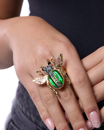 Beetle Ballad - Green, Black, and Blue Iridescent Rhinestone, Gold Beetle Ring - Paparazzi Accessories