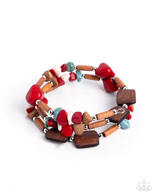 Sensational Stones - Red, Blue, White Stone Brown and Silver Bead - Coil Bracelet - Paparazzi Accessories
