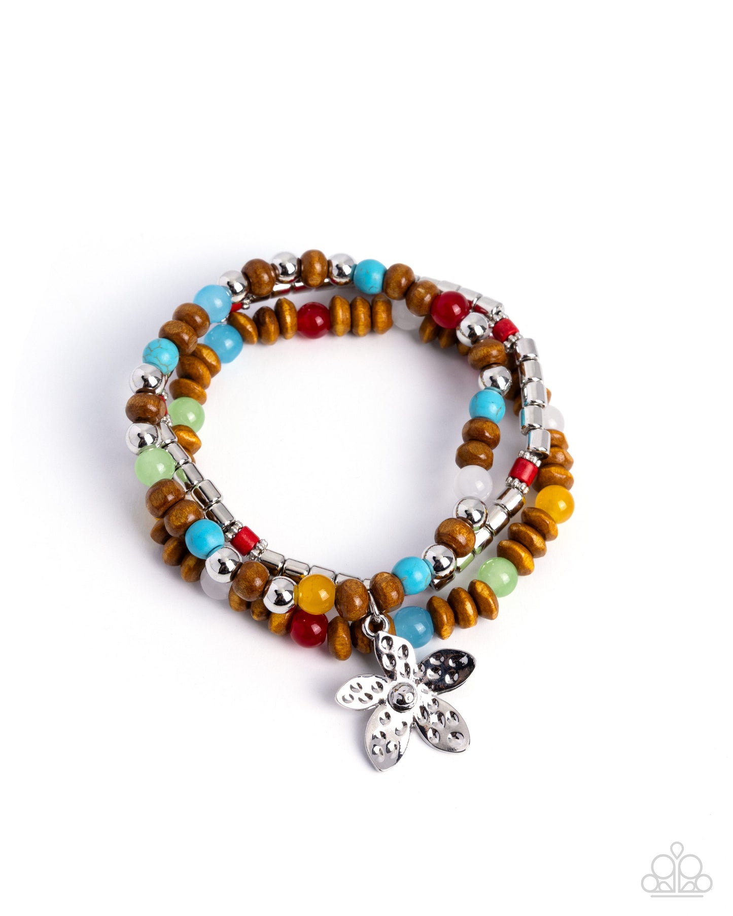 Preferred Polish - Red, Silver, Turquoise and Wood Bead Stretch Bracelet Stack - Paparazzi Accessories