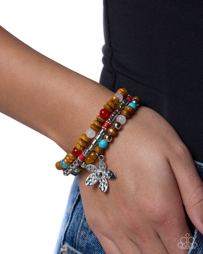 Preferred Polish - Red, Silver, Turquoise and Wood Bead Stretch Bracelet Stack - Paparazzi Accessories