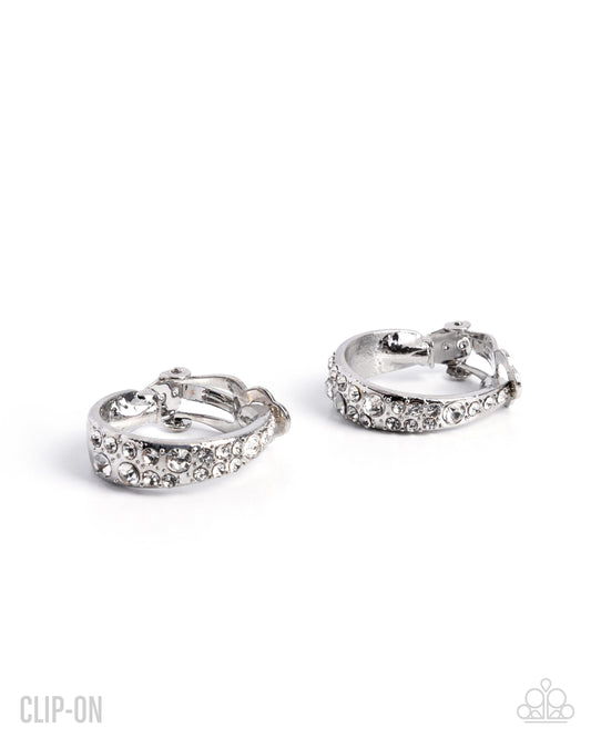 Flashy Fate - White Rhinestone, Silver Clip-On Earrings - Paparazzi Accessories