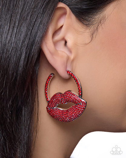 Valentines Date - Red Rhinestone Lip, Red Hoop Earrings - Paparazzi Accessories