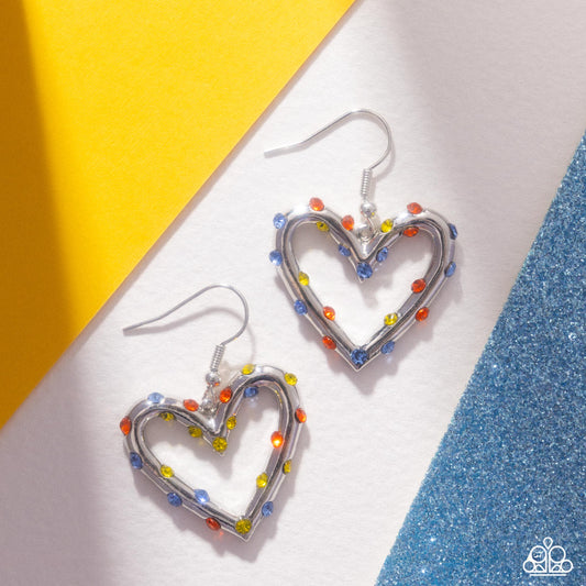 Cupid Compromise - Multi Rhinestone, Silver Heart Earrings - Paparazzi Accessories