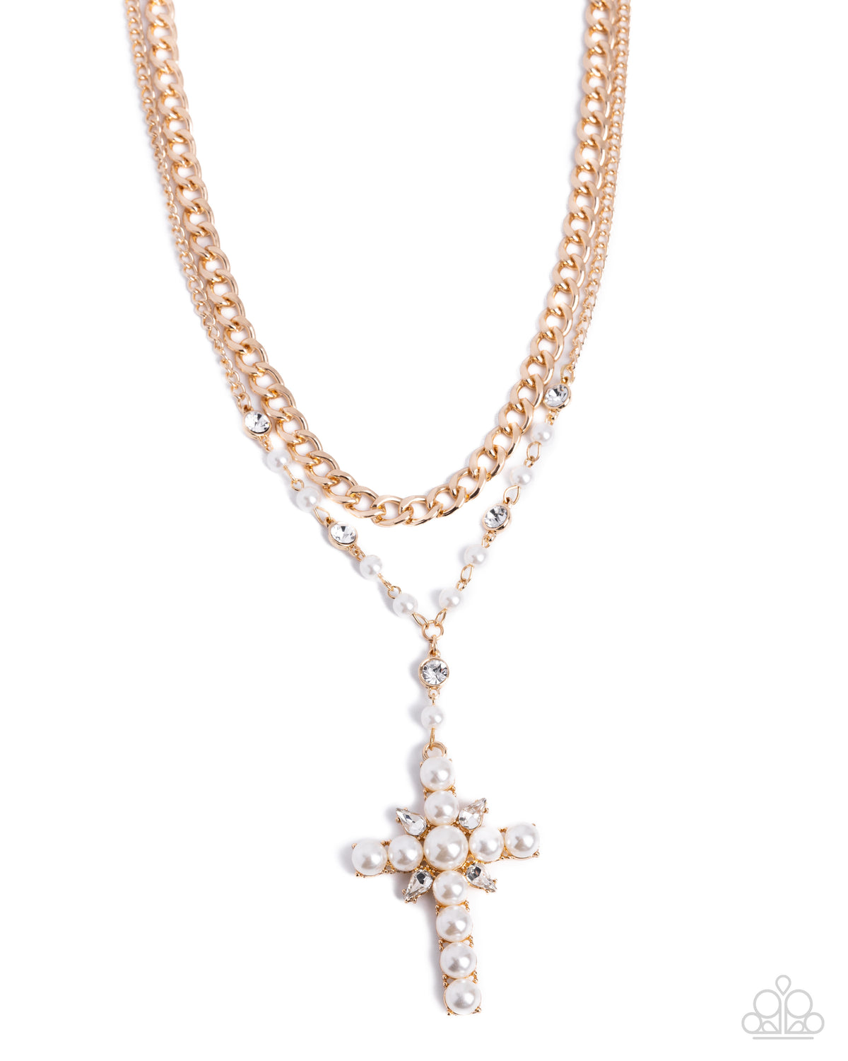 Prayerful Poise - Gold Cross, White Pearl Necklace - Paparazzi Accessories