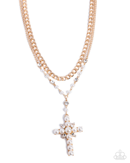 Prayerful Poise - Gold Cross, White Pearl Necklace - Paparazzi Accessories