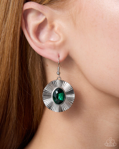 Tailored Tango - Green Rhinestone, Silver Earrings - Paparazzi Accessories