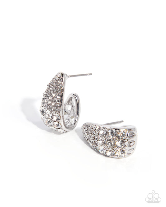 Polished Performance - White Rhinestone, Silver Hoop Earrings - Paparazzi Accessories