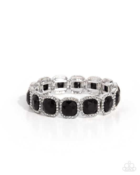 Merry SHOW Round - Black & White Rhinestone, Silver Stretch Bracelet - Paparazzi Accessories