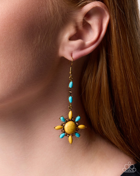Colorful Combination - Yellow and Blue Crackle Stone, Gold Earrings - Paparazzi Accessories