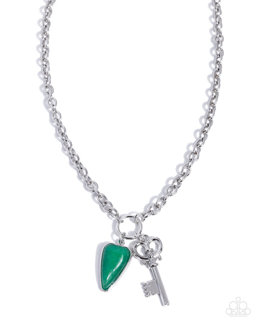 Honest Heritage - Green Stone Heart, Silver Key Necklace - Paparazzi Accessories