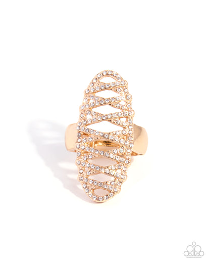 Ladylike Lace - Gold & White Rhinestone Ring - Paparazzi Accessories