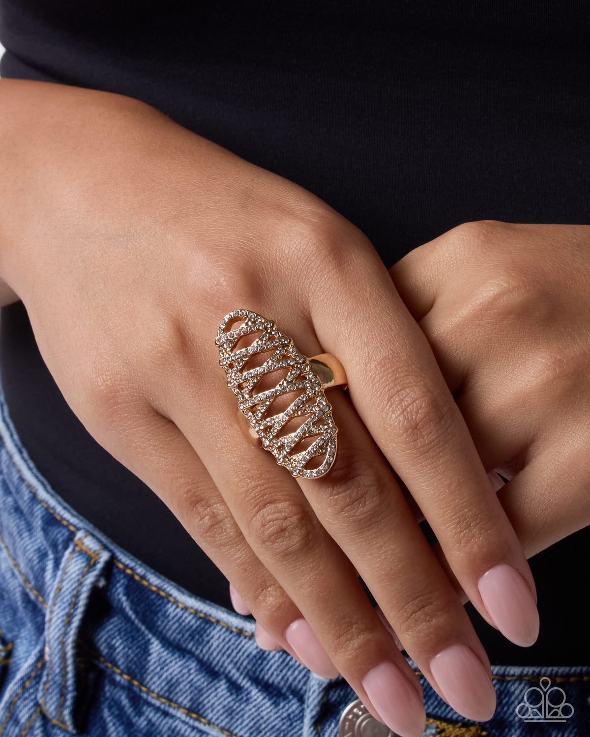 Ladylike Lace - Gold & White Rhinestone Ring - Paparazzi Accessories