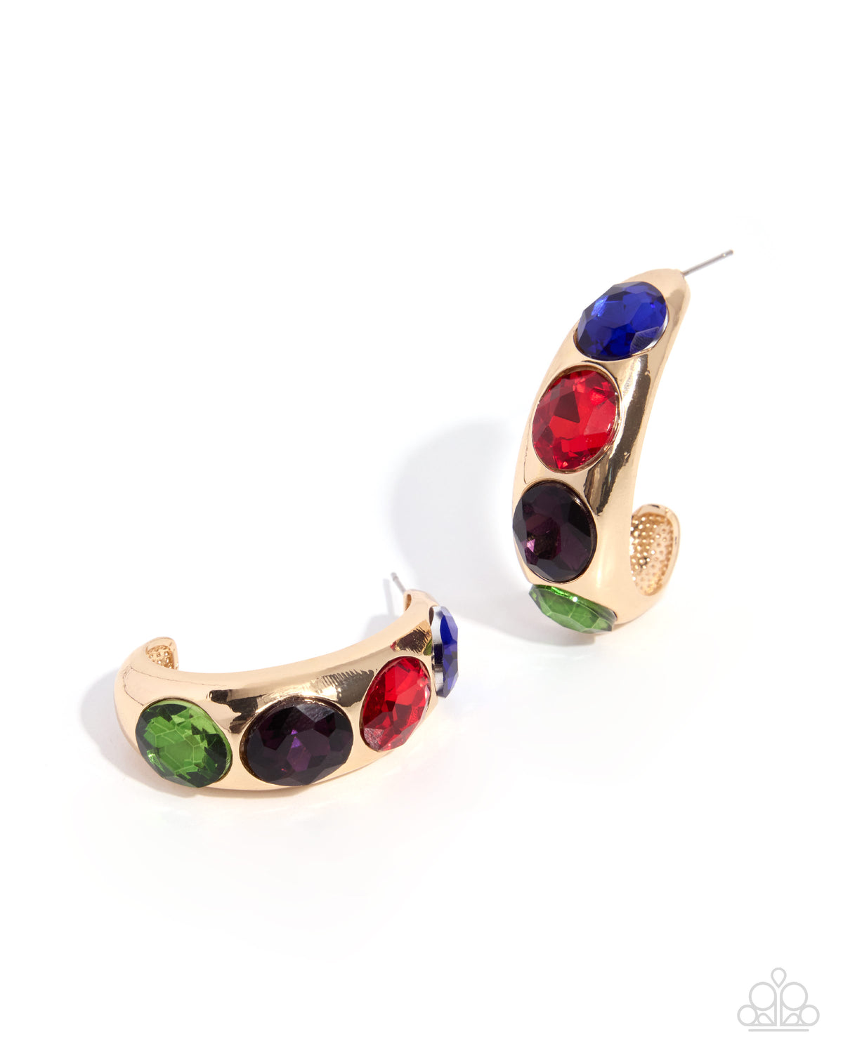 Adorable Advocate - Gold Hoop, Blue, Red, Black and Green RHinestone Earrings - Paparazzi Accessories