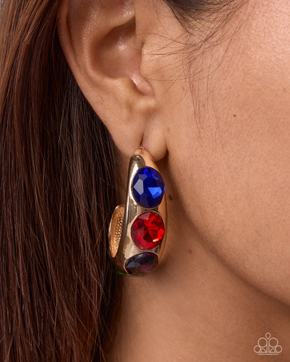 Adorable Advocate - Gold Hoop, Blue, Red, Black and Green RHinestone Earrings - Paparazzi Accessories