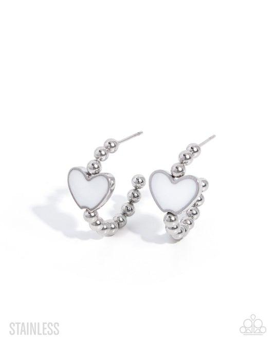 Heartfelt Hierarchy - White Painted Heart, Silver Hoop Earrings - Paparazzi Accessories