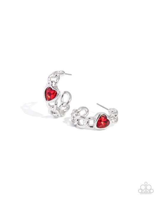 Heartfelt Helm - Red Rhinestone Heart, Silver Hoop Earrings - Paparazzi Accessories