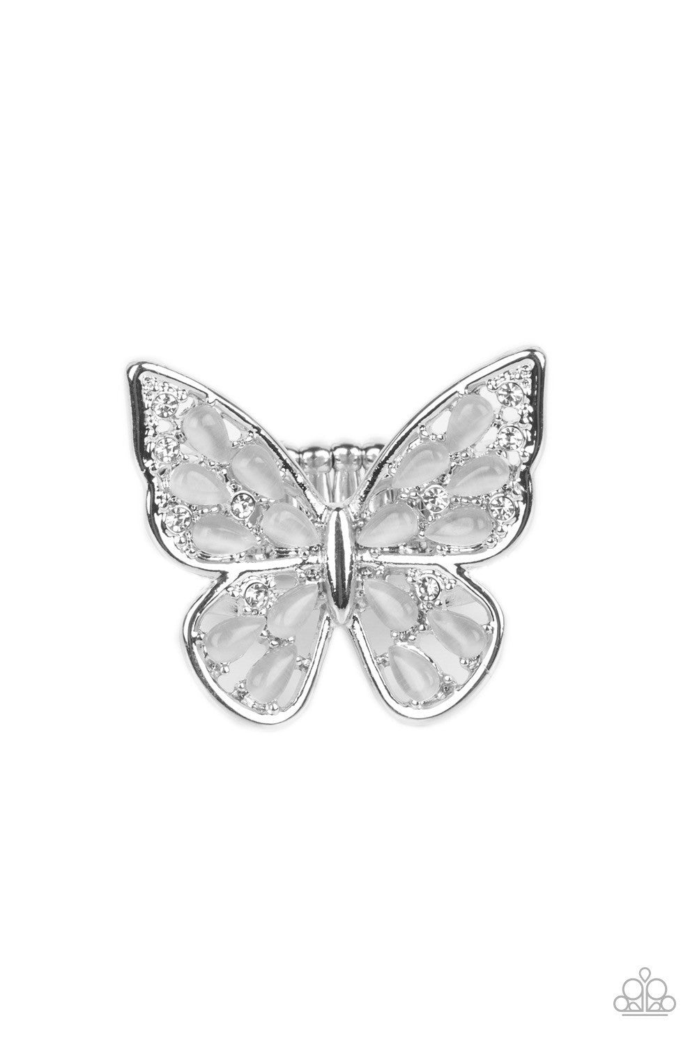 Flying Fashionista - White Rhinestone Butterfly Ring - Paparazzi Accessories