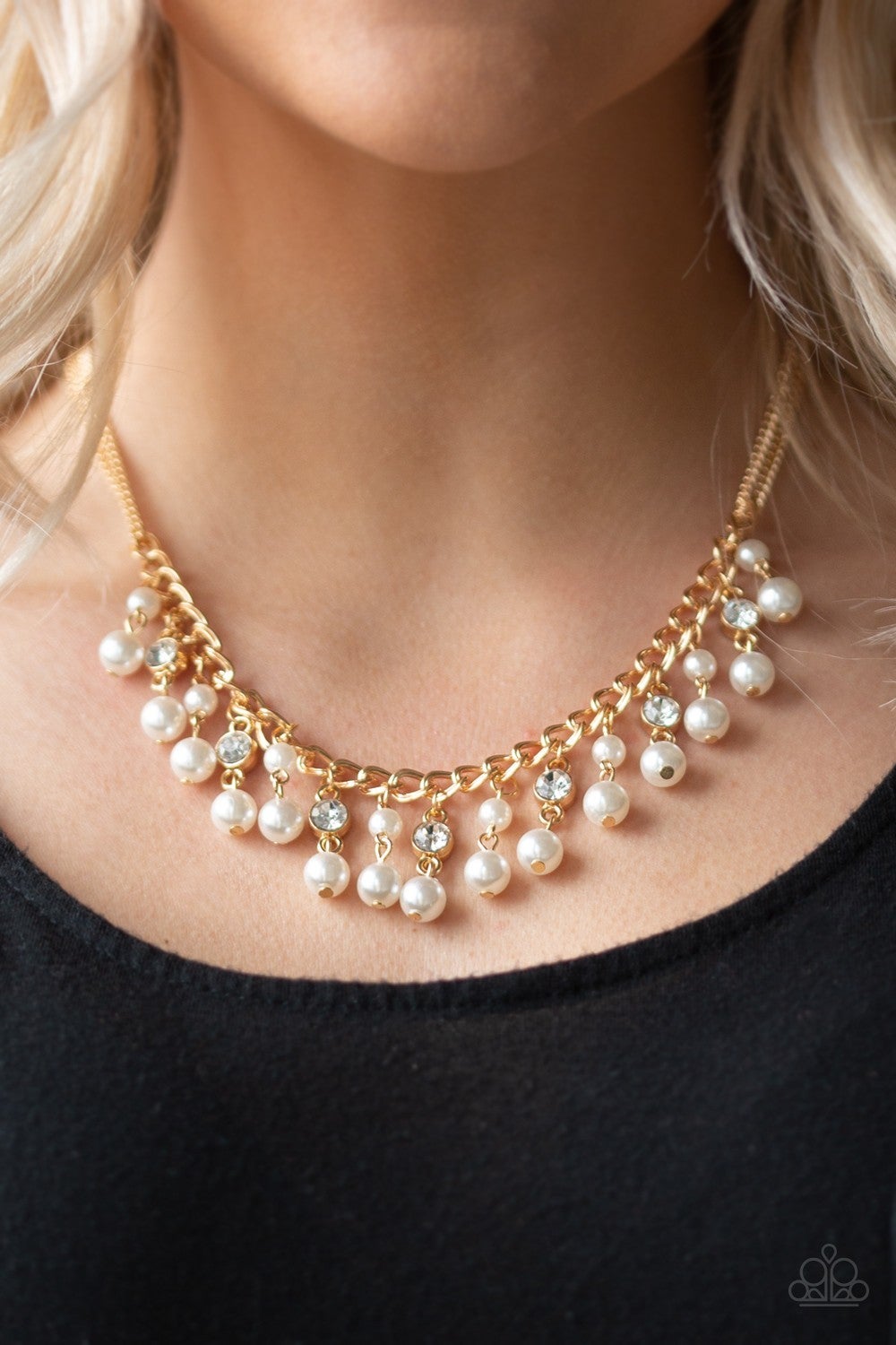 Regal Refinement - Gold Rhinestone and Pearl Necklace - Paparazzi Accessories