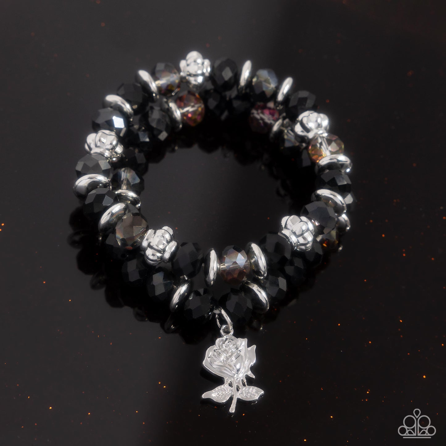 Beauty Contest - Black Faceted Bead Silver Rose Charm Stretchy Bracelet - Paparazzi Accessories