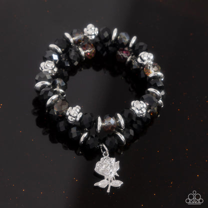 Beauty Contest - Black Faceted Bead Silver Rose Charm Stretchy Bracelet - Paparazzi Accessories