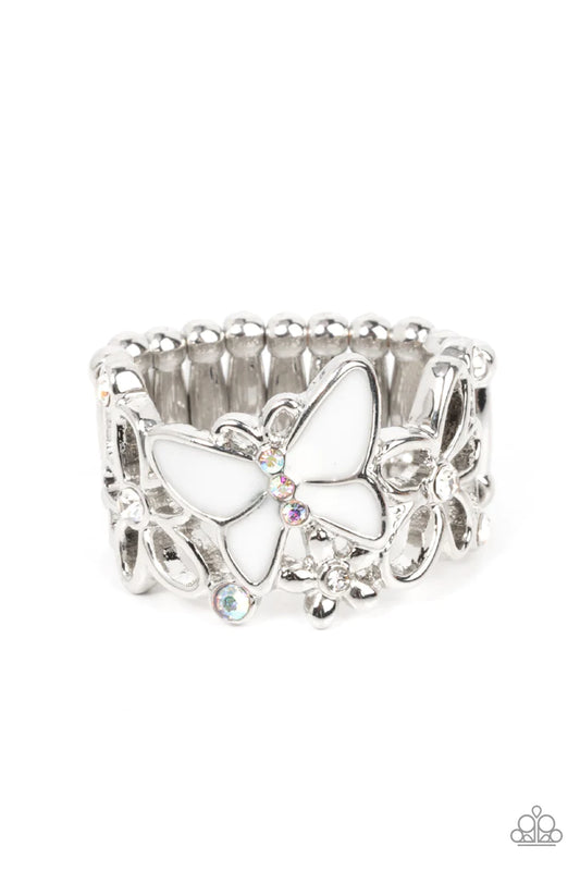 All FLUTTERED Up - White Ring - Paparazzi Accessories