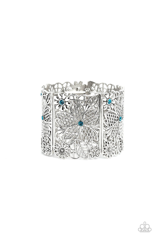 Garden City - Blue Rhinestone Floral Filigree Stretchy Bracelet - Paparazzi Accessories