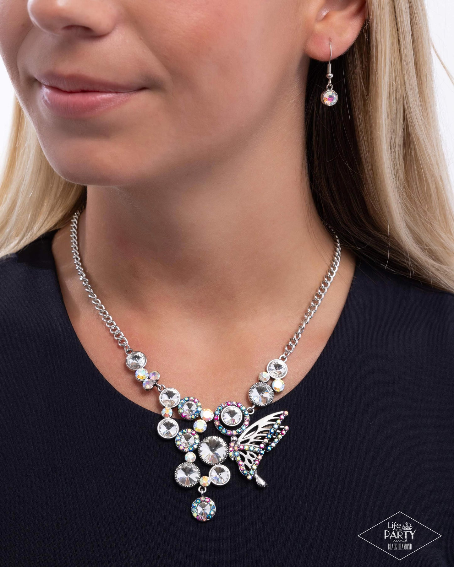 As Luck Would HALF It - White - Iridescent Gem Butterfly Necklace - Black Diamond Exclusive - Paparazzi Accessories