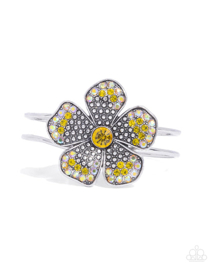 Bedazzled Bloom - Yellow Rhinestone Flower Hinge Bracelet - Paparazzi Accessories