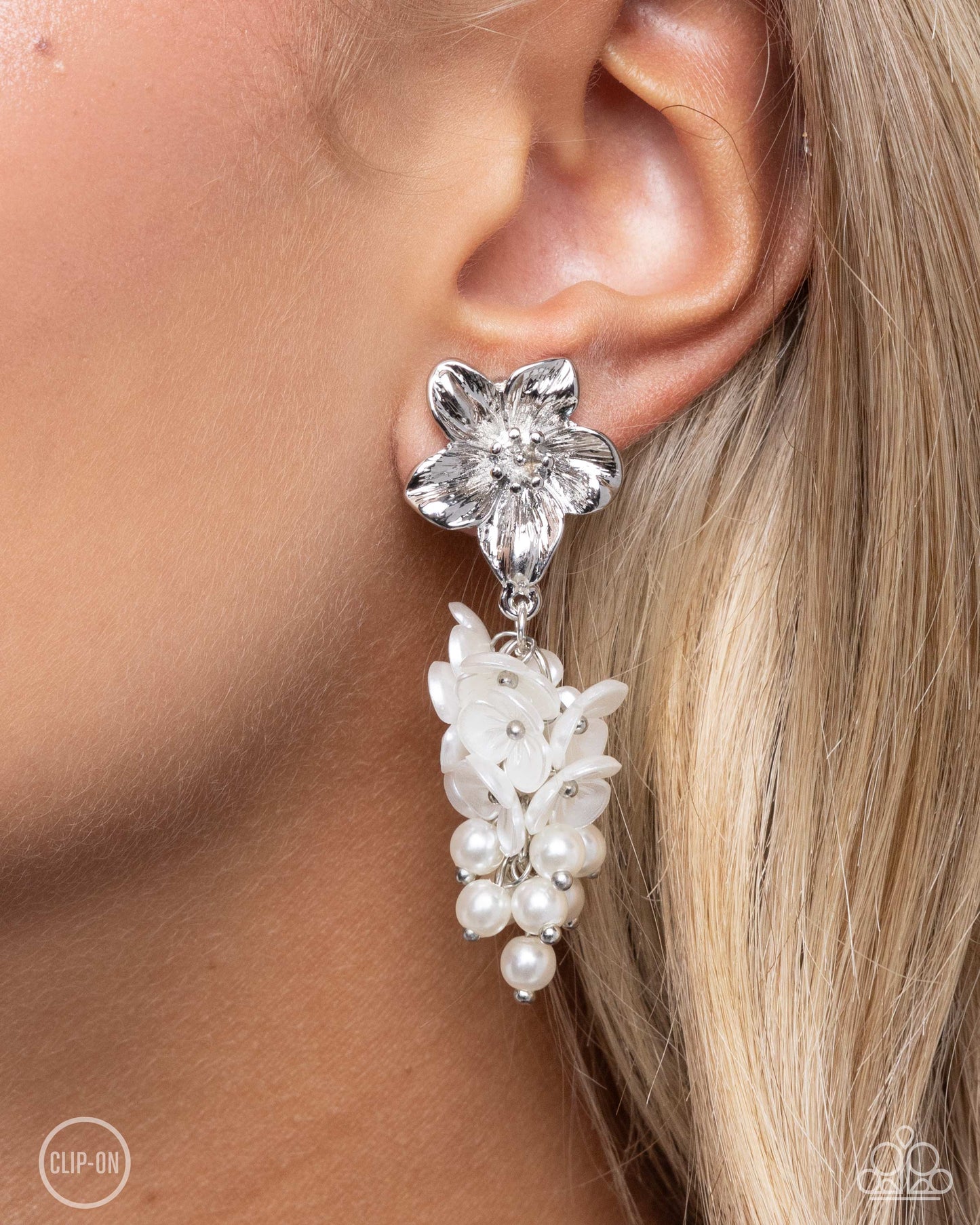 Bouquet Bling - White Clip-on Earrings - Paparazzi Accessories