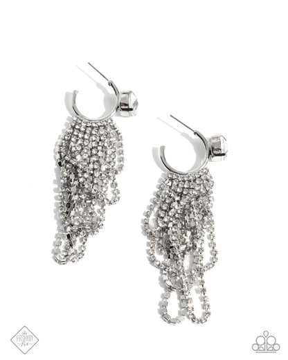 Ceaseless Chic - White - Rhinestone Fringe Paparazzi Hoop Earrings - March 2025 Fiercely 5th Avenue
